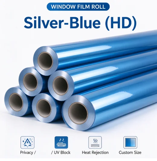 One Way Vision Silver Blue PET HD Window Tint Roll Heat Insulation Anti UV Privacy Film DIY Installation For Home Commercial Bui