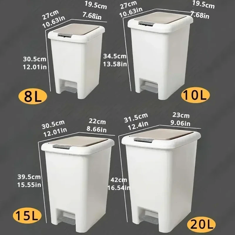 8/10/15/20L Kitchen Pedal Trash Can Wastebasket with Lid Square Storage Plastic Bin Press-Type Garbage Bins Kitchen Accessories