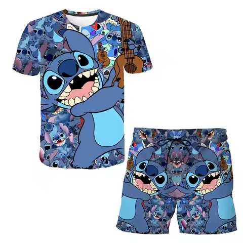 Disney Stitch Cartoon Popular Boys Girls Tracksuit 2 Piece Set Summer Sport Oversized Suit Sonic Short Sleeve Tshirt Shorts
