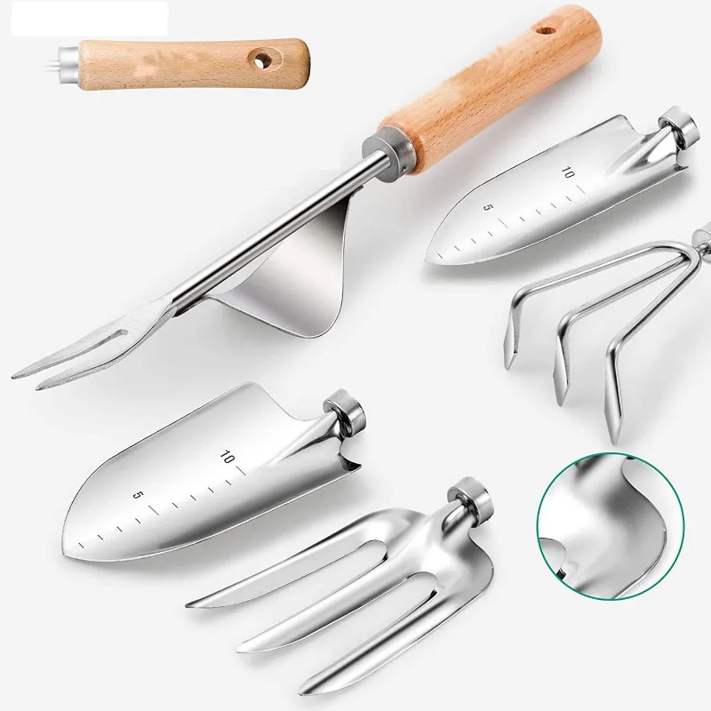 9pcs Wooden Handle Stainless Steel Garden Tool Set Gardening Watering Can Flower Planting Tools Kit