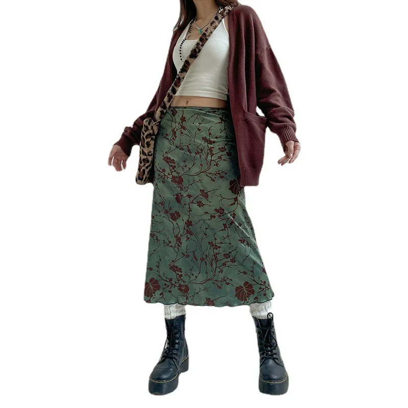 Chinese style literary retro printed straight mid-length skirt high waist lake green girl white versatile elegant skirt