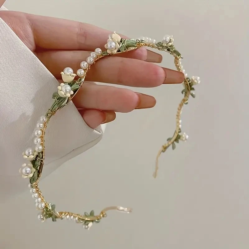 

1pc Exquisite Elegant Handmade Floral Imitation Pearl Twist Flower Leaf Hairbands for Women Korean Temperament Head Accessories