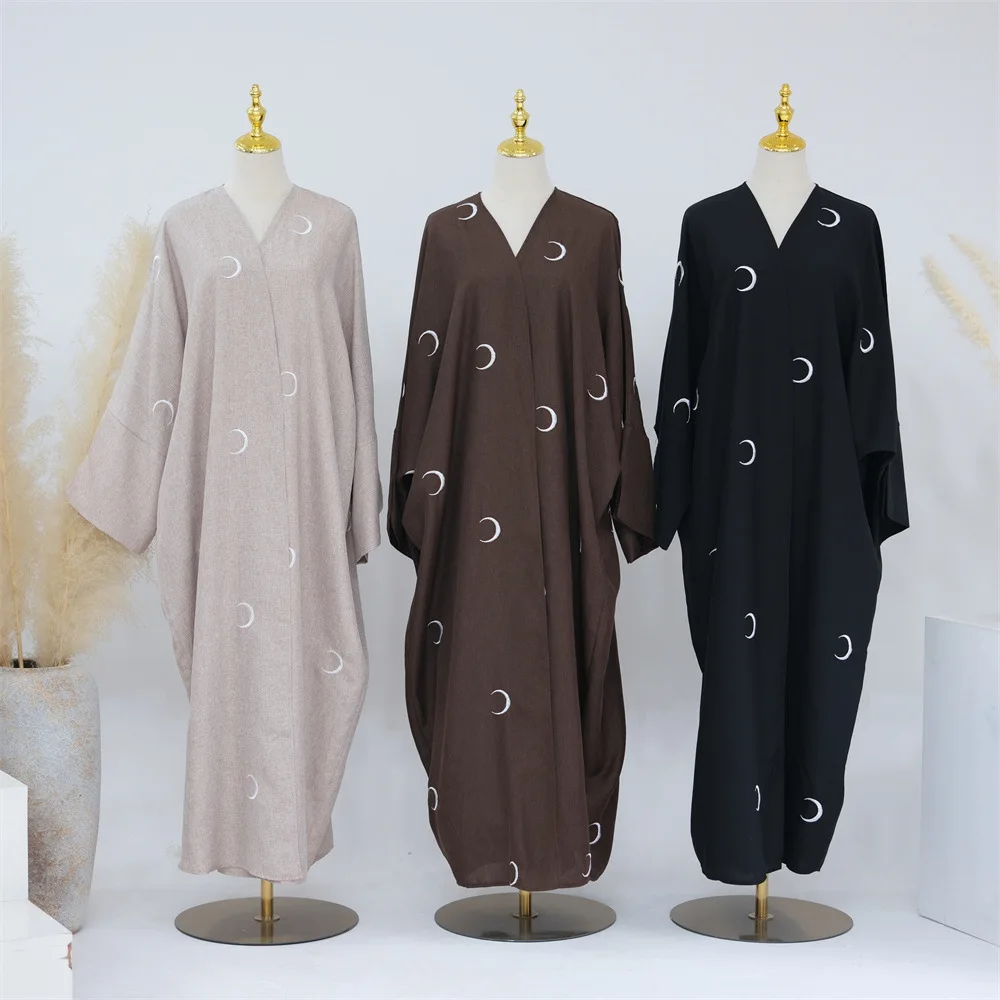 

Moon Embroidery Cotton Linen Open Abaya Kimono Bat Sleeves Muslim Abayas for Women Dubai Luxury Islam Clothes Ramadan Eid Kaftan