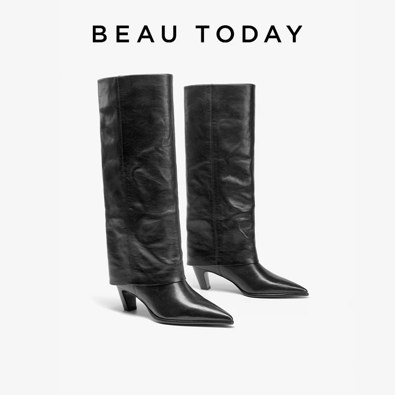 BEAUTODAY Long Boots Women Genuine Sheepskin Leather Pointed Toe Solid Color Knee High Boots Slip-on Ladies Shoes Handmade 01351
