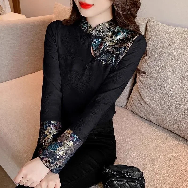

Elegant Chinese Style Women Blouse With Embroidered Mandarin Collar And Full Sleeve Design For Spring Autumn Wear