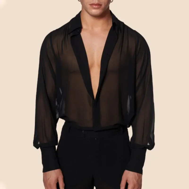 Summer and Autumn Shirt Top Men Mesh See-through Loose Shirt Men Sexy Long-Sleeved V-neck Turn-down Collar Single-Breasted Shirt