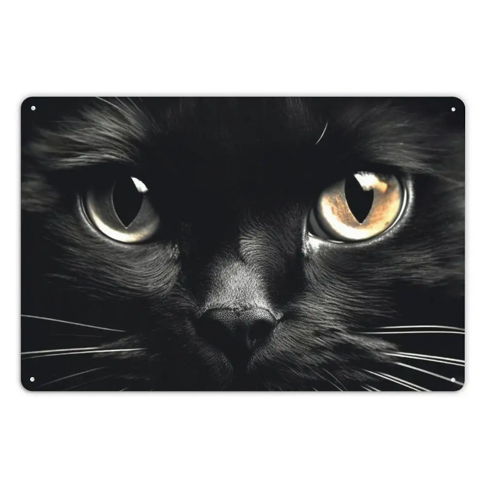 Vintage Black Cat Metal Wall Art Sign - Rustic Shabby Chic Decor with Glowing Yellow Eyes, Iron Material, Perfect for Home, Club