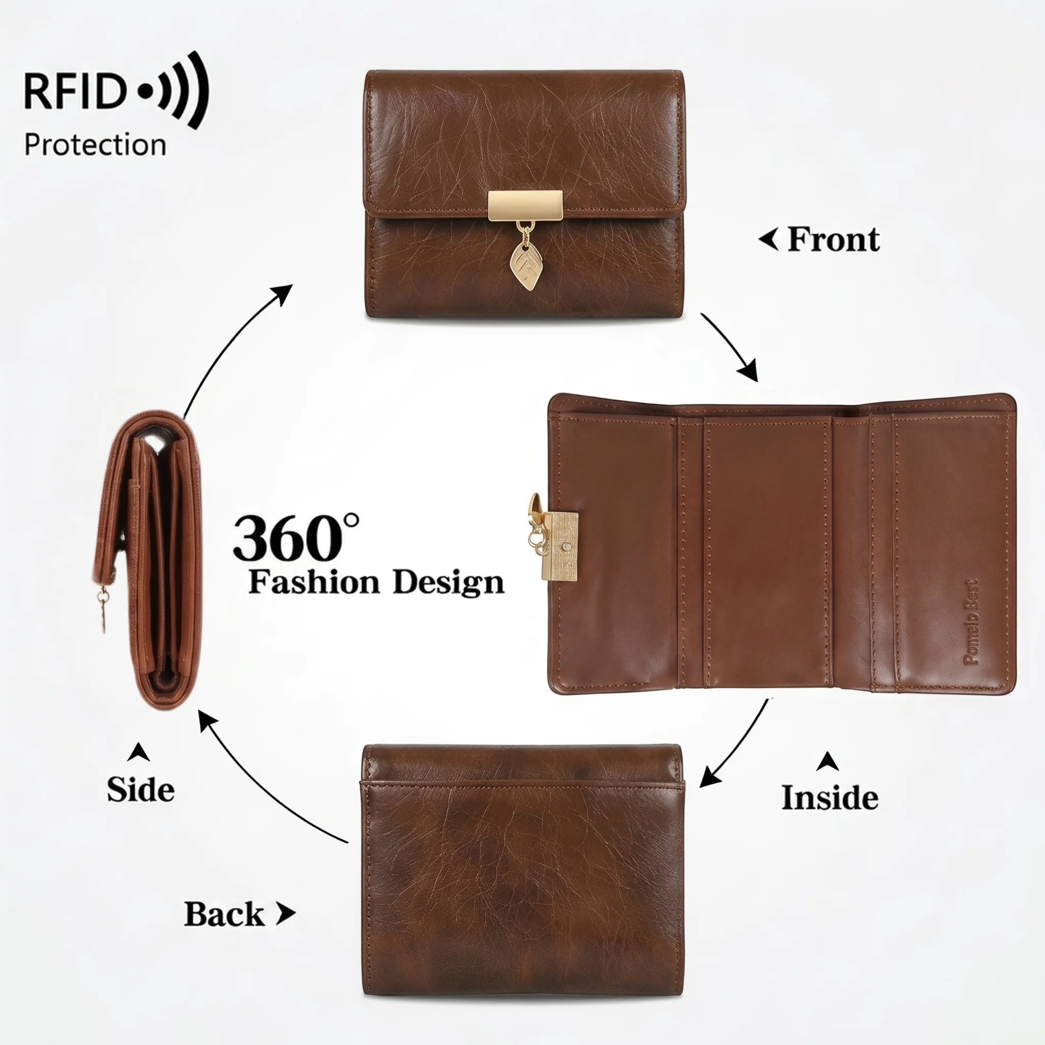 Pomelo Best Women Trifold PU Leather Wallet RFID Blocking Leaf Pendant 6 Card Slots Bill Pocket Small Short Purse