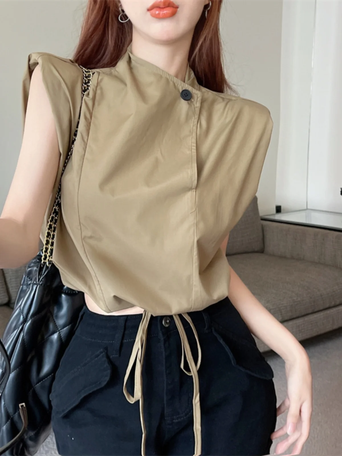 

Faionable oulder Pad ort Svel Stand Collar Dstring Waist irt Women's Commute Sle Straight Cut Summer irt