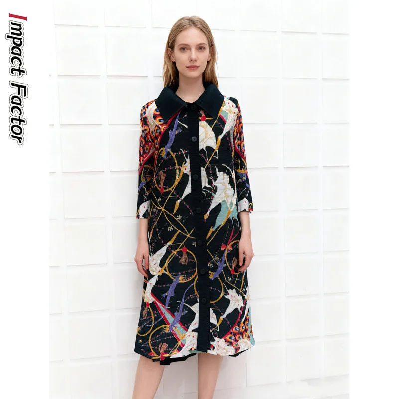 

Miyake Pleated Design Seaside Resort Style Dress Women's 2025 Spring and Autumn New Single-Breasted Loose Printed Shirt Dress