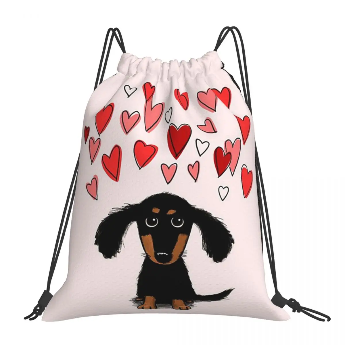 Cute Dachshund Puppy Dog With Valentine Hearts Backpacks Portable Drawstring Bags Storage Bag Book Bags For Man Woman School