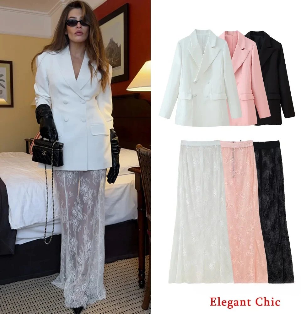 

KONDALA элегантный милый комплект с юбкой, женский двубортный пиджак, кружевная прозрачная юбка, мода 2025, весенне-осенний уличный женский комплект