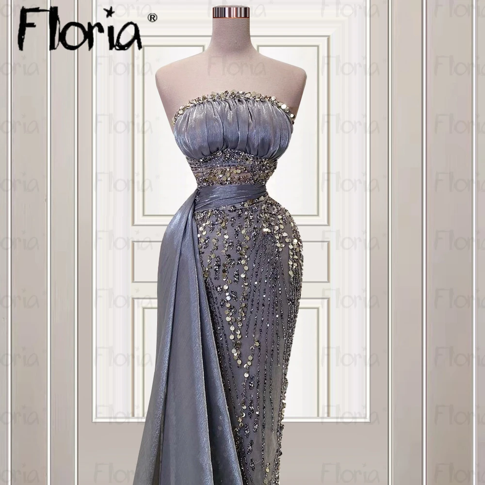 Couture Strapless Pearl Gray Evening Dress Side Tail Glitter Sequins Formal Dresses Women Celebrity Dresses Vestidos De Noche