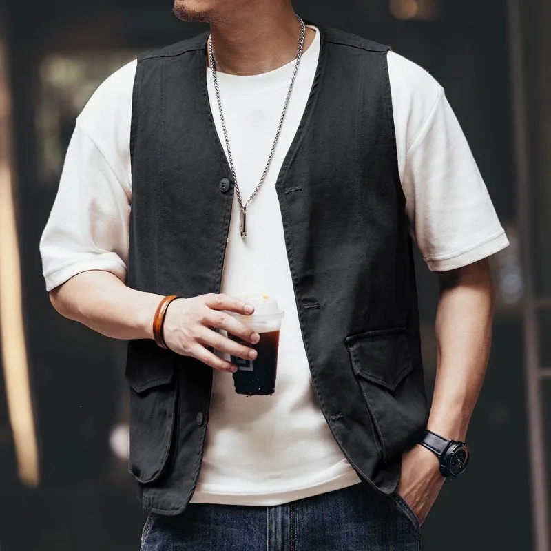 

Men's Retro Workwear Denim Vest Loose Fit Autumn Jacket with Functional Pockets Warmth Style Combo Streetwear Essential
