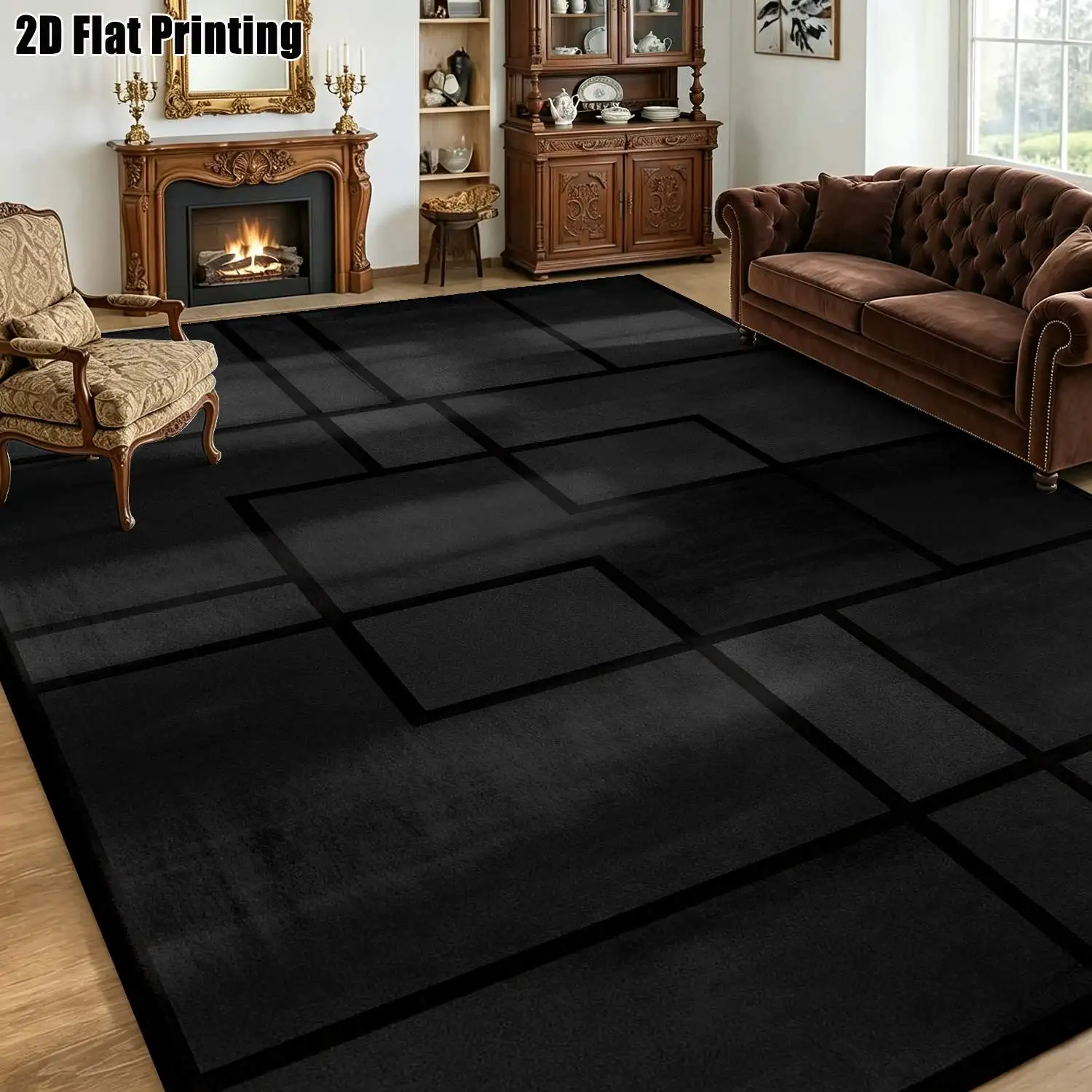 1Pc 2D Printed Black Geometric Abstract Pattern Carpet Modern Minimalist, Instagram & Nordic Style Floor Mat, Machine Washable, Multi-Size, Ideal for Living Room, Bedroom, Dining Room, Entrance, Study Home Decor.