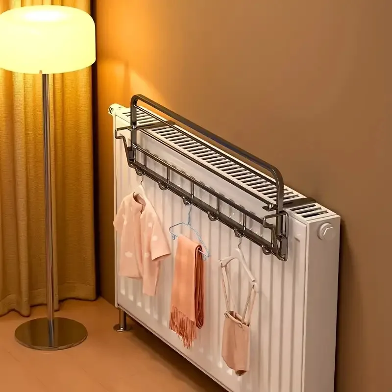 Heavy-Duty Wall-Mounted Radiator Rack - Pull-Out Clothes Drying Shelves & Rods | Space-Saving for Winter Garments (Black/White) view 4