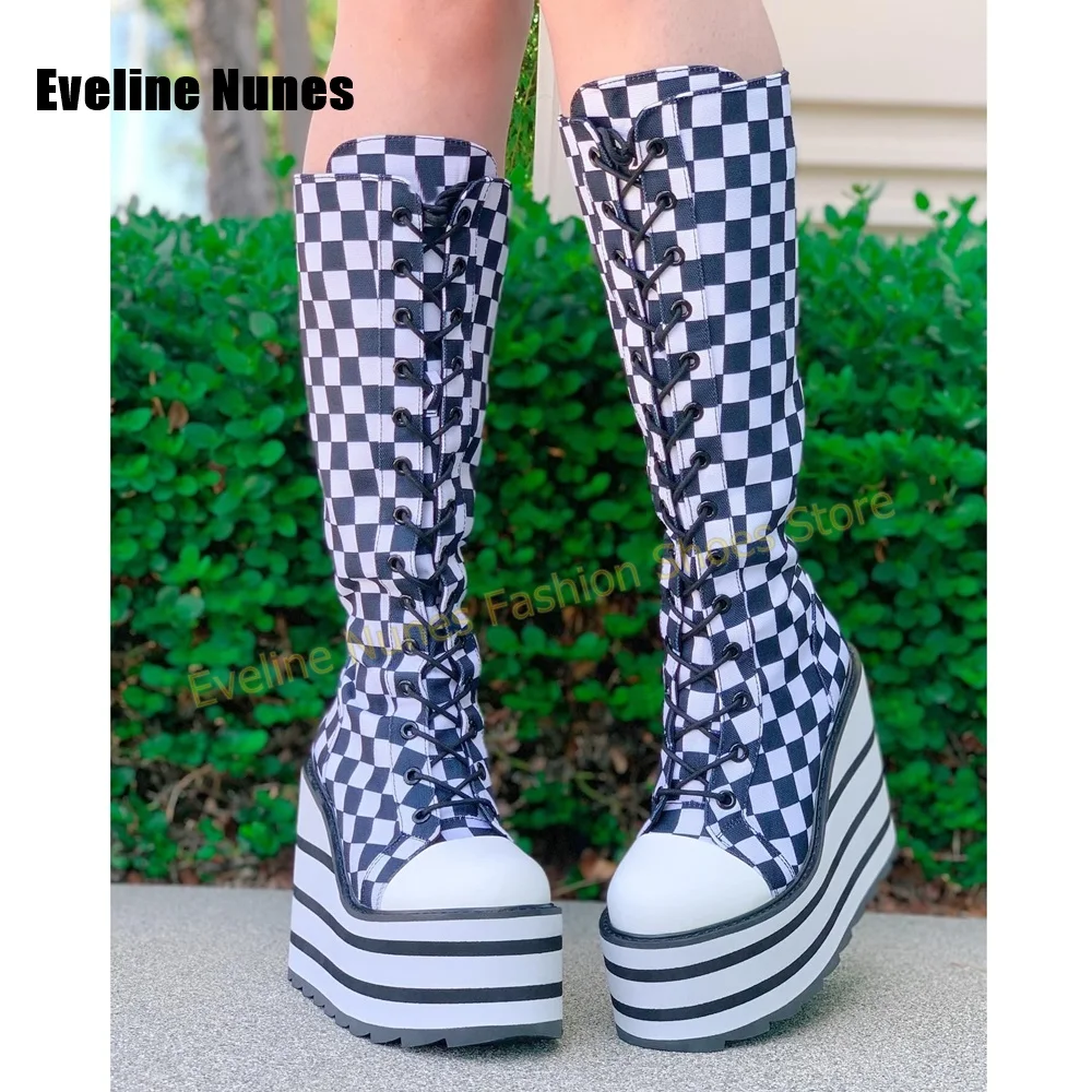 Women Pink White Checkerboard Platform Boots Round Toe Wedge Lace Up Y2K Street Style Women Knee High Boots 2026 Cosplay Trend view 5