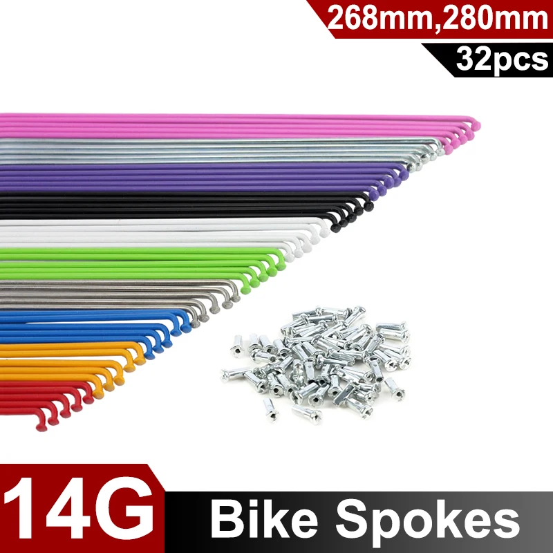 

32Pcs 14G Colorful Fixed Gear Bike Spokes 268mm 280mm Red Blue Green Purple White Mountain Road Folding Bike Spokes with Nipples