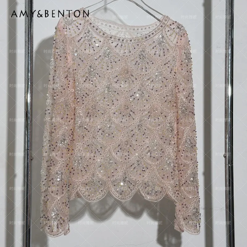 

2026 Spring Fashion Chic Sequin Pearl Lace Blouse Ladies Long Sleeves Crew Neck Slim Fit Top Elegant Figure-flattering Shirt