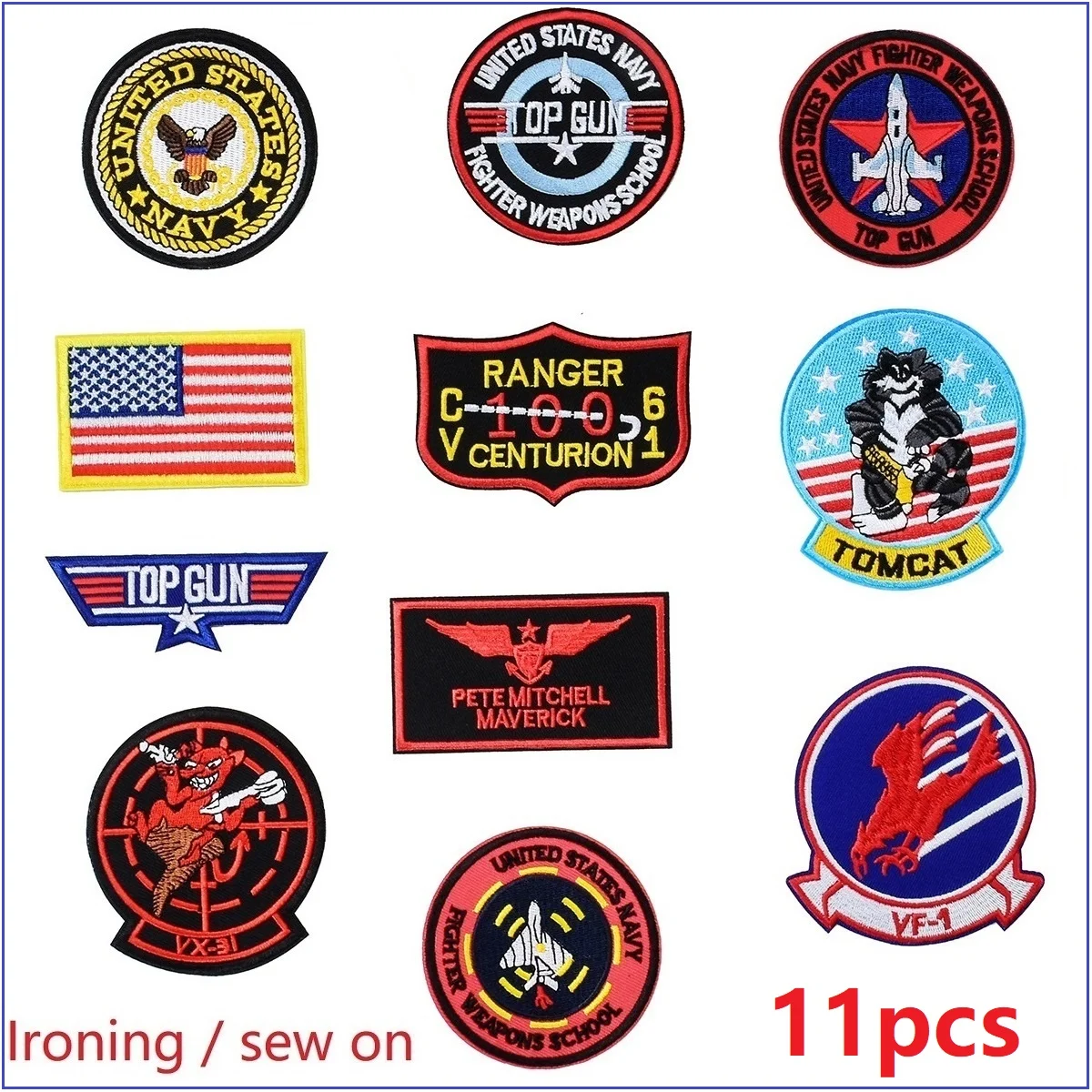 

11Pcs Top Gun Tomcat Chapter American Navy Air VF-1 Pilot Armband ironing Embroidery Patch for on sew Clothes Badge Sticker