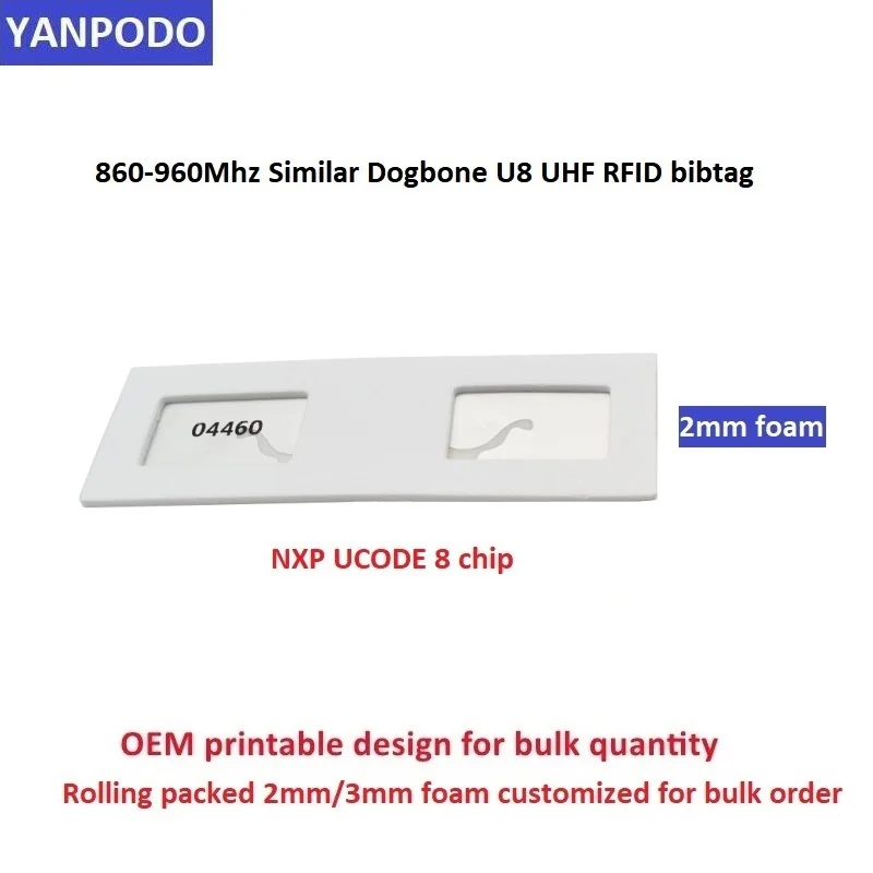 UHF RFID Chip do pomiaru czasu, zawieszka typu dogbone, podobna do Smartrac, 860-960MHz, daleki zasięg, EPC Gen2 Ucode 8, naklejka piankowa do maratonów, 100 sztuk