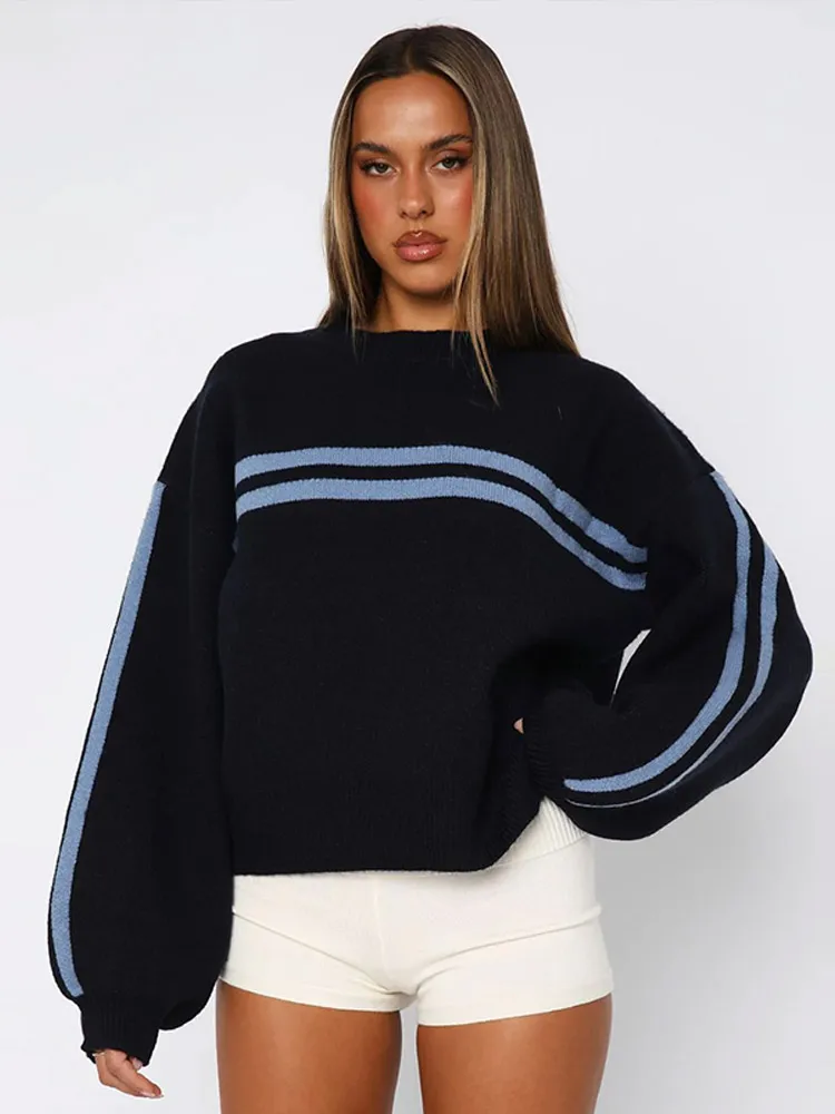 Navy Blue Striped Crop Top Women's Sweater Knit Pullover Retro Pattern Loose Pullover 2025 Autumn Holiday Street Fashion Wear