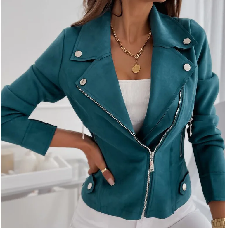 

Faux Suede Biker Moto Jacket for Women Long Sleeve Zipper Up Casual Outwear Autumn 2023 Slim Black Khaki Blue Green Coat