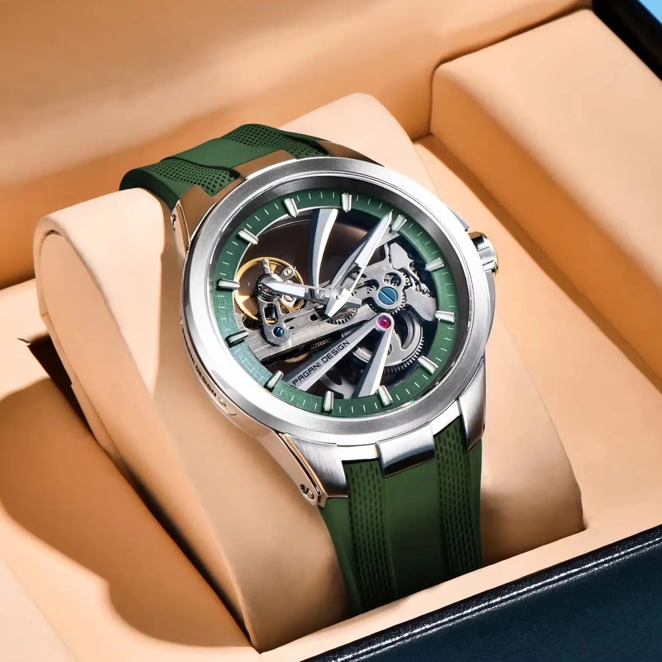 Green Skeleton PAGANI DESIGN PDYS030 Mechanical Watch Open-Work Sports Wristwatch for Men with Fluororubber Strap reloj hombre