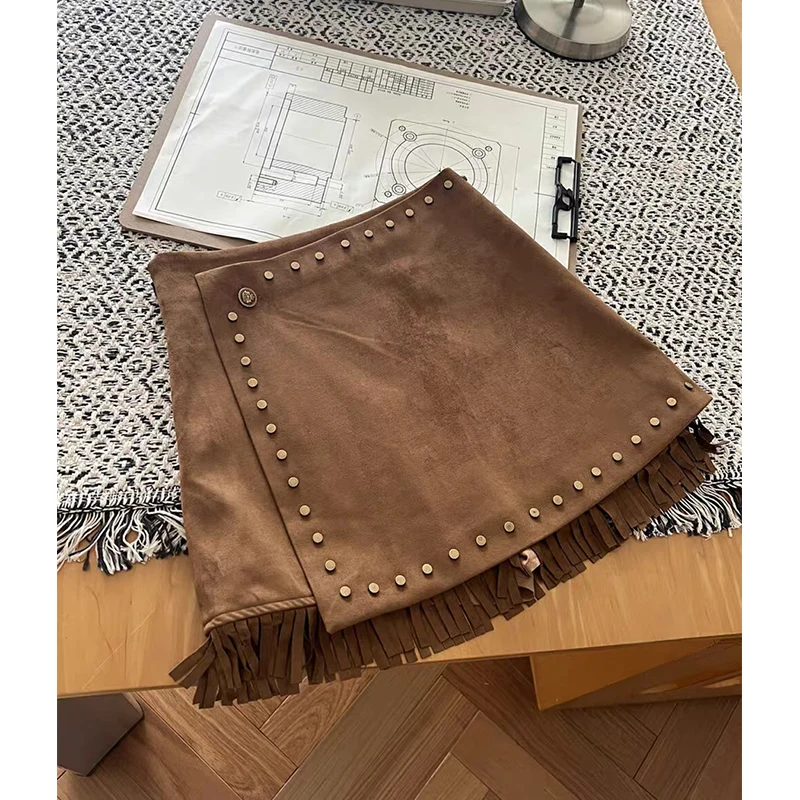 Y2K Suede Rivet Mini Skirt Women Harajuku Vintage Tassel Patchwork Black Skirts Winter Gyaru Streetwear Grunge Slim Faldas New