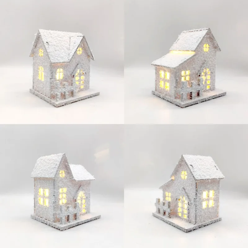 Kerajinan Kayu Natal LED Rumah Kabin Kepingan Salju Bercahaya Dekorasi Meja untuk Jendela Rak dan Dekorasi Rumah Meriah