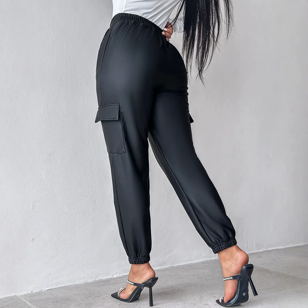 PU Leather High Waist Cargo Pants with Flap Pocket Chain Decor Cuffed Jogger Pants Women Solid Color Pants