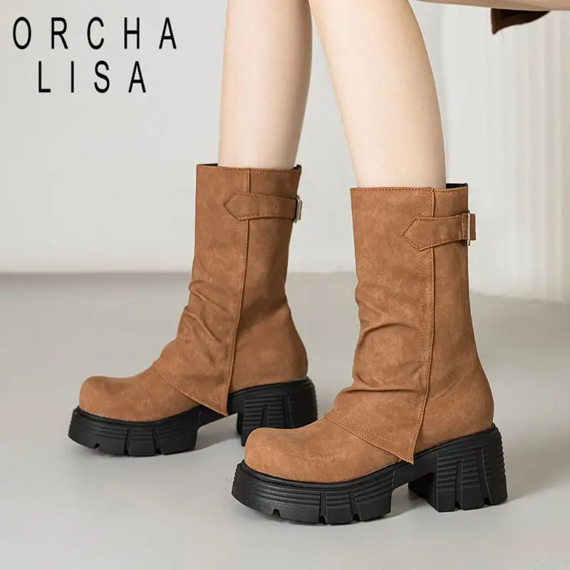 

ORCHA LISAМодные замшевые женские ботинки из флока до середины икры с круглым носком 6,5 см, толстая подошва, без шнуровки, с пряжкой на ремне, коричневые