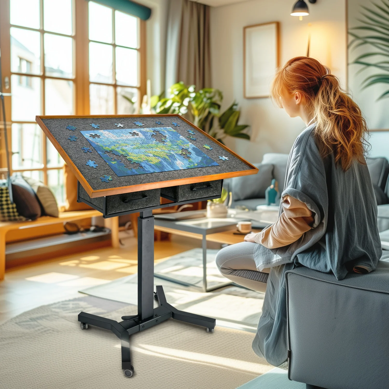 for Adults, with Adjustable Tilting Angle and Wheels, Metal Legs, Storage Drawers, Portable Cart,1500 Pieces Jigsaw Puzzle Table