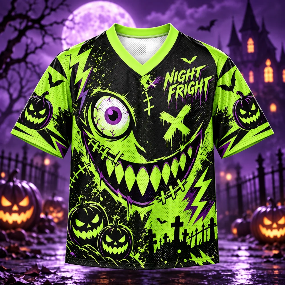 Night Fright Halloween Oversized Mesh Jersey, gruseliges Monstergesicht, Kürbis-Fledermaus-Print, V-Ausschnitt, kurze Ärmel, Streetwear-Oberteil – Detail 4