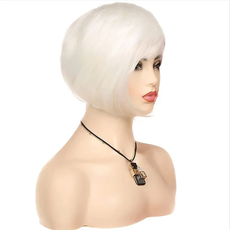 HAIRJOY  Women Short Straight White Wig with Fringe Pixie  Synthetic Hair Wigs Heat Resistant Cosplay Halloween Party Costume