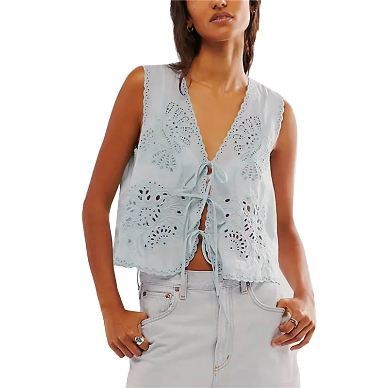 

ASDS-Women Tie Front Vest Floral Eyelet Embroidered Tank Y2K Sleeveless V Neck Crop Shirt Top Cute Going Out Tops