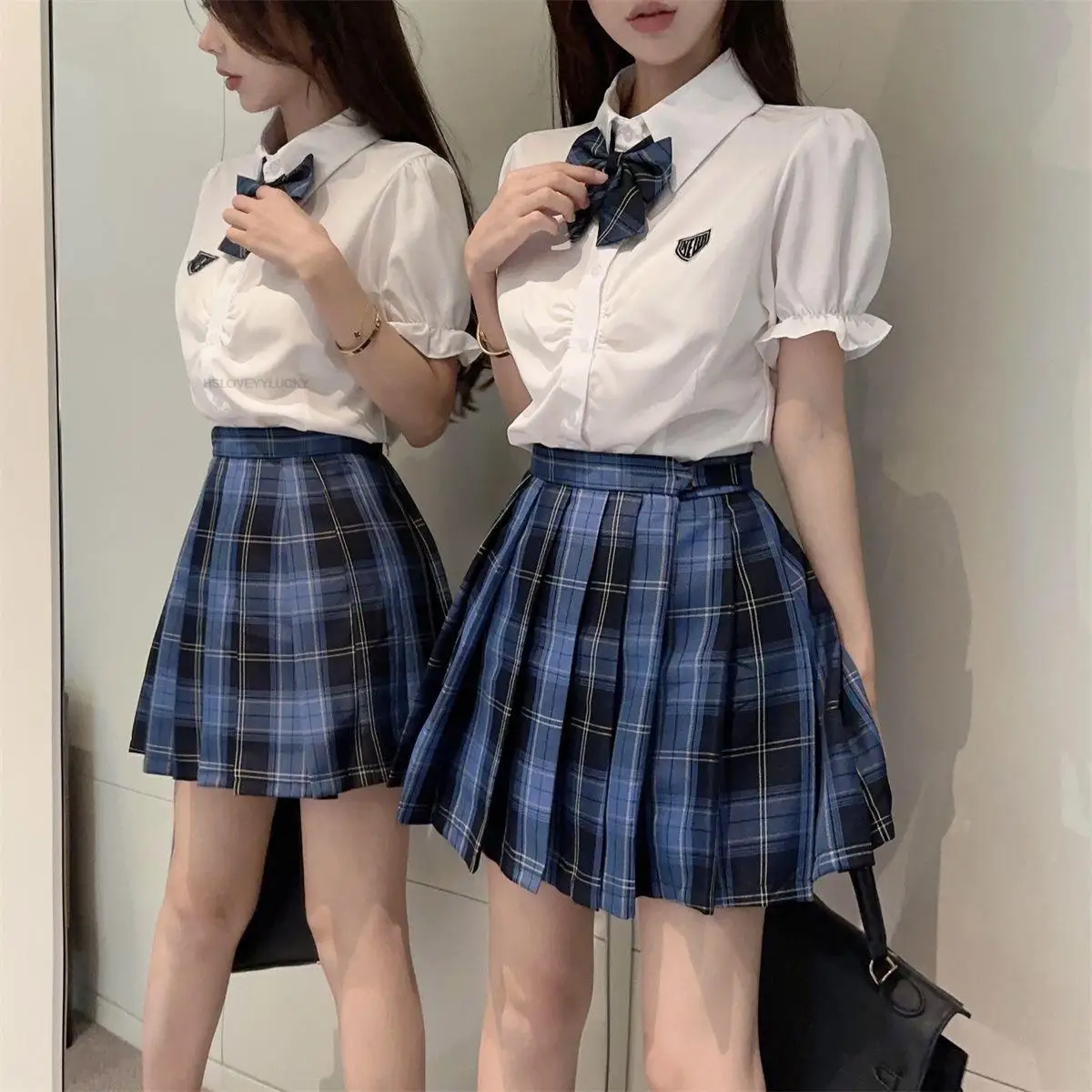 Conjunto de saia plissada xadrez azul de manga curta feminina, uniforme Jk melhorado, camisa de faculdade, estilo japonês e coreano, gostosa Y2k