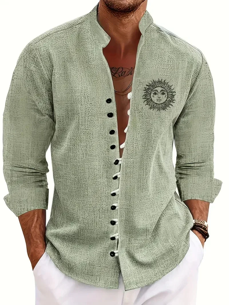 New Men's Breathable Linen Fabric 3D Parrot Printed Shirt Men's Fashion Long Sleeve Shirt Casual Loose Open Shirt Vintage Top