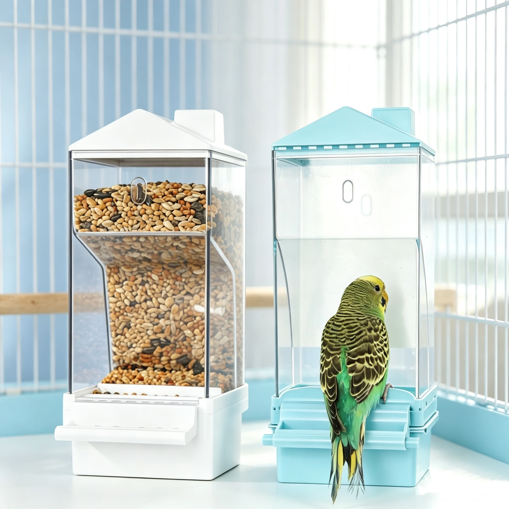 Hanging Automatic Parrot Cage Feeder Transparent Large Capacity Spill-Proof Bird Seed Dispenser Bird Feeding Stand for Budgie view 4