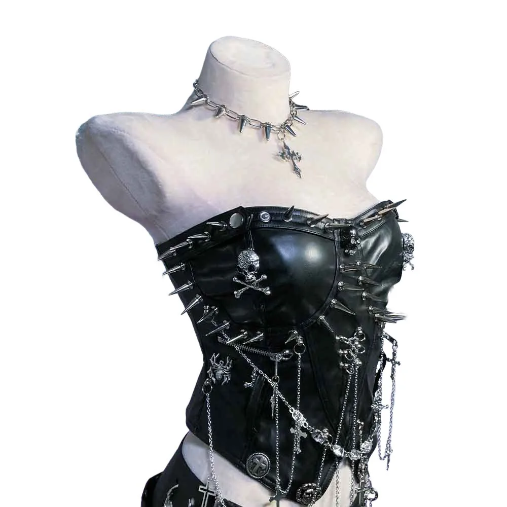 Goth Tops Y2K T-shirt Gothic Tank Festival Bra with Spikes Cyber Rave Outfits Grunge ALT E-Girls Emo Clothing Punk Rock Clothes