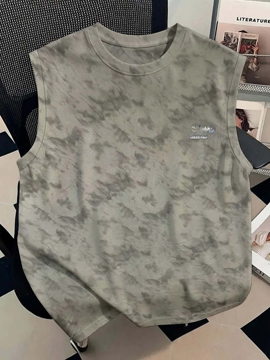 American Retro Water-Based Dyeing Sleeveless Vest T-Shirt Unisex Summer Versatile round Neck Print Ethnic Clothing