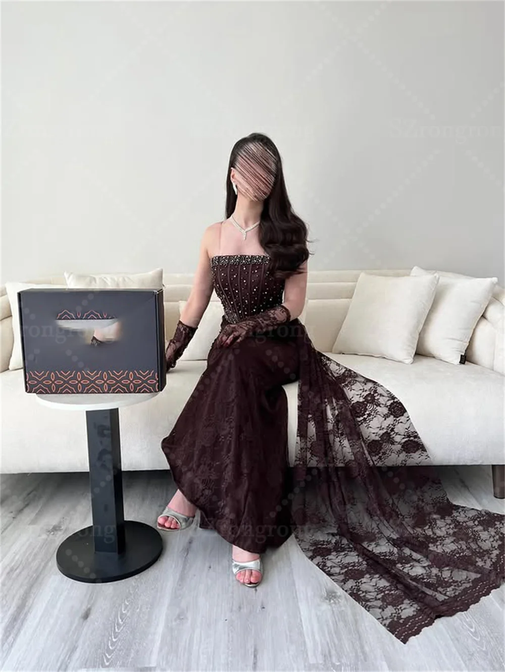 فستان سهرة فاخر مصنوع حسب الطلب بياقة قارب من الدانتيل مطرز بالخرز وأربطة من الخلف فستان ماكسي بطول مطوي للحفلات الراقصة مع قطار #3