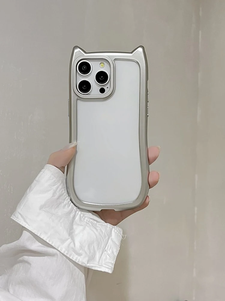 Dessin animé mignon 3D oreilles de chat placage argent Transparent couverture de téléphone pour iPhone Air 15 14 13 12 16 17 Pro Max étui
