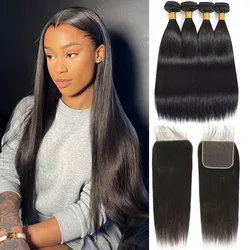 Brazilian Virgin Straight Hair Bundles With Closure 10A Straight Human Hair 3/4 Bundles with 4x4 Closure Natural Black Wholesale