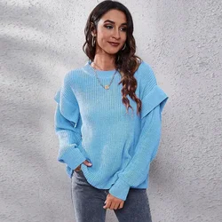 Women Fashion Long-sleeved Sweater Winter Long Sleeve Knitted Jumper Autumn New Solid Color Ruffles O Neck Pullover Streetwear