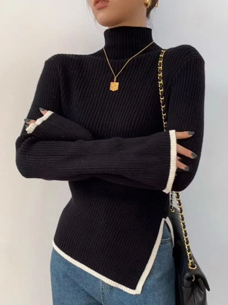 Traf Turtleneck Side Slit Pullover  Female Clothes Contrasting Colors Top Self-cultivation Sweater Pagoda Sleeve Slim Fit Spring