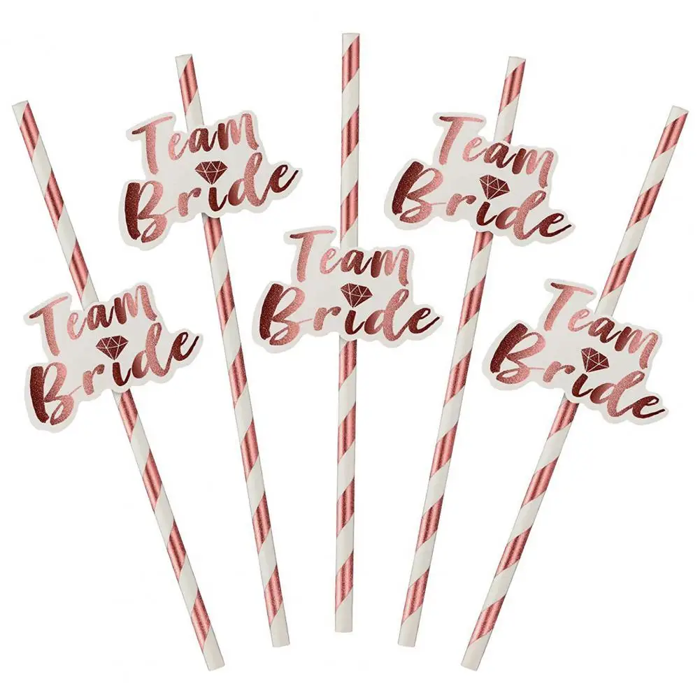 12Pcs Team Bride Straws Letter Design Rose Golden Gilding Straight Photo Props Bachelorette Party Straws Bar Accessories