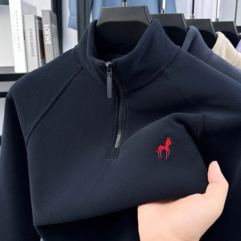 

High End Trendy Hoodie Men's Half Zipper Stand Up Collar Autumn and Winter New Embroidered Casual Loose Base Shirt Man Clothes