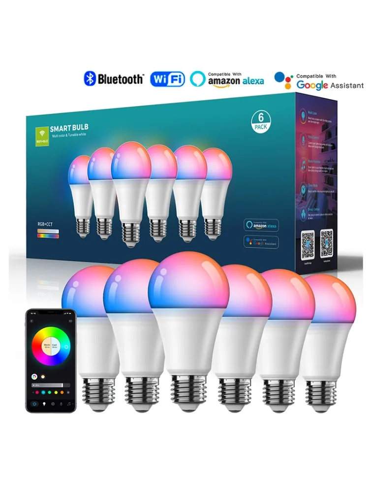 Żarówka LED Smart E27 100-240V Zmieniająca Kolory z Synchronizacją Muzyki WiFi i BLE 5.0 Ściemnialna RGB Inteligentne Oświetlenie Domowe — 2