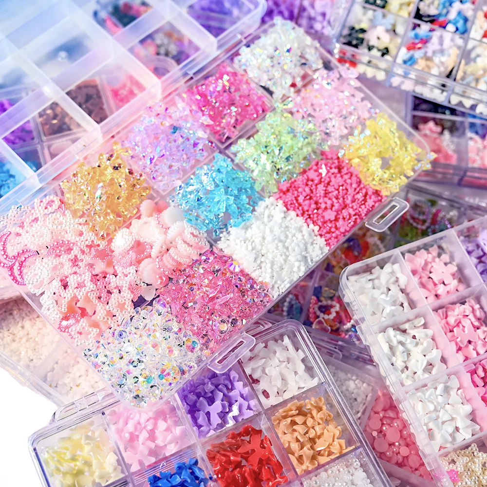 10000+Pcs 3D Kawaii Mini Flowers Nail Art Decorations Mixed Resin Bowknot Heart Pearl Nails Charm Design DlY Manicure Tool Parts